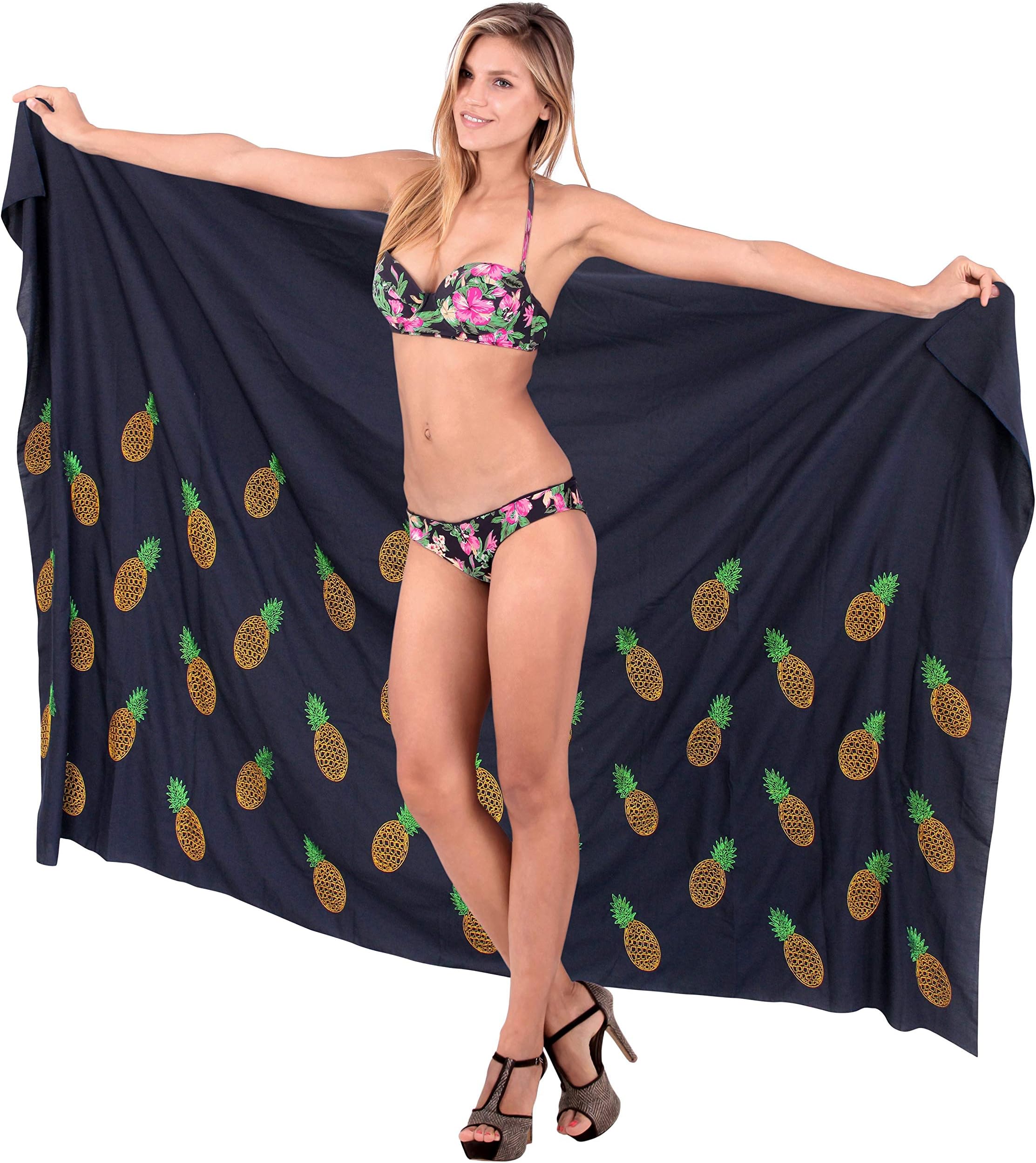 LA LEELA Embroidered Plus Size Rayon Cover up Bikini Swimwear Women Sarong Navy Blue_V529 88"X42"