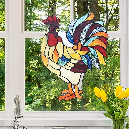 UKN 15.25" h Rusty The Rooster Stained Glass Window Panel