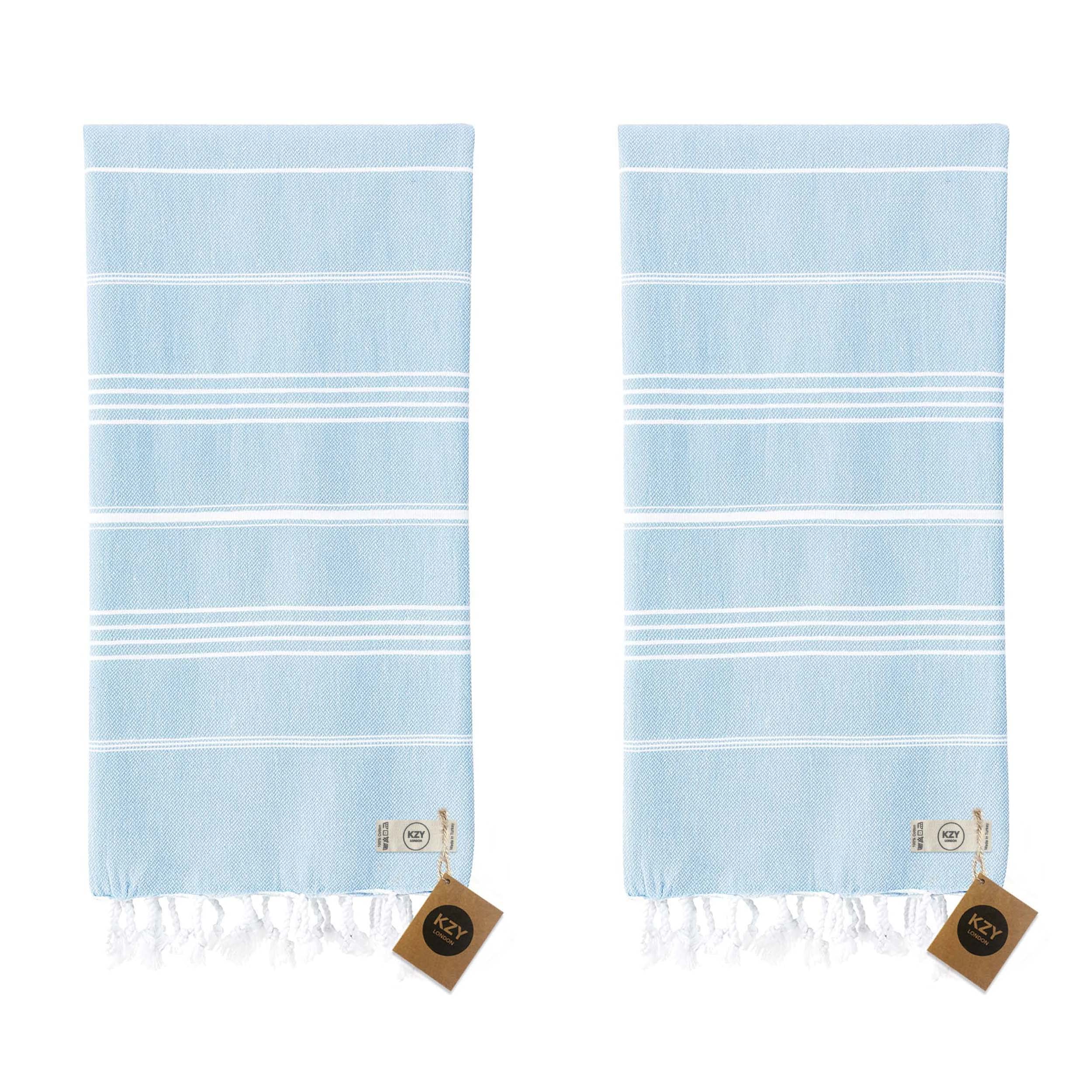 KZY LONDON Beach Towel 2 Pack Large Turkish Beach Towels for Camping, Swimming, Gym - Quick Dry, Absorbent, Lightweight,%100 Cotton 90x180cm Hammam Towels for Adults (2 Set - Light Blue)