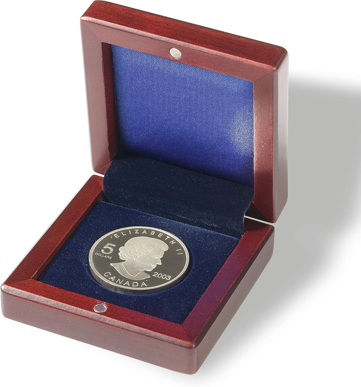 Coffre Monnaie Boîte à Monnaie Leuchtturm Volterra - Acajou, Compartiment Pour 1 Pièce Jusqu'à 60mm - Protection Soie Bleue Coffret Collection Pièces Velours Bleu Marine