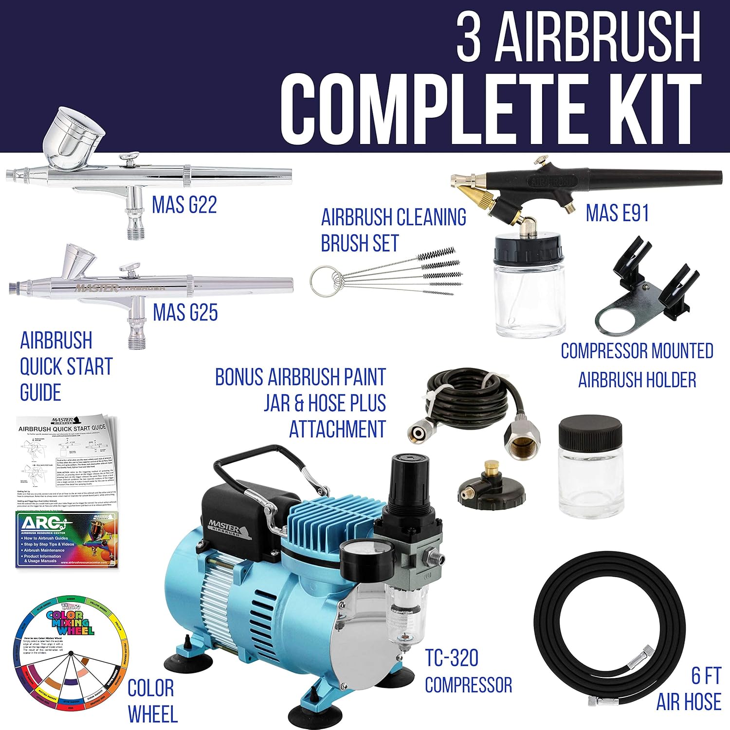 Master Airbrush Cool Runner II Dual Fan Air Compressor Professional Airbrushing System Kit with 3 Airbrushes, Gravity and Siphon Feed - Holder, Color Mixing Wheel, Cleaning Brush Set, How-to Guide: Arts, Crafts & Sewing