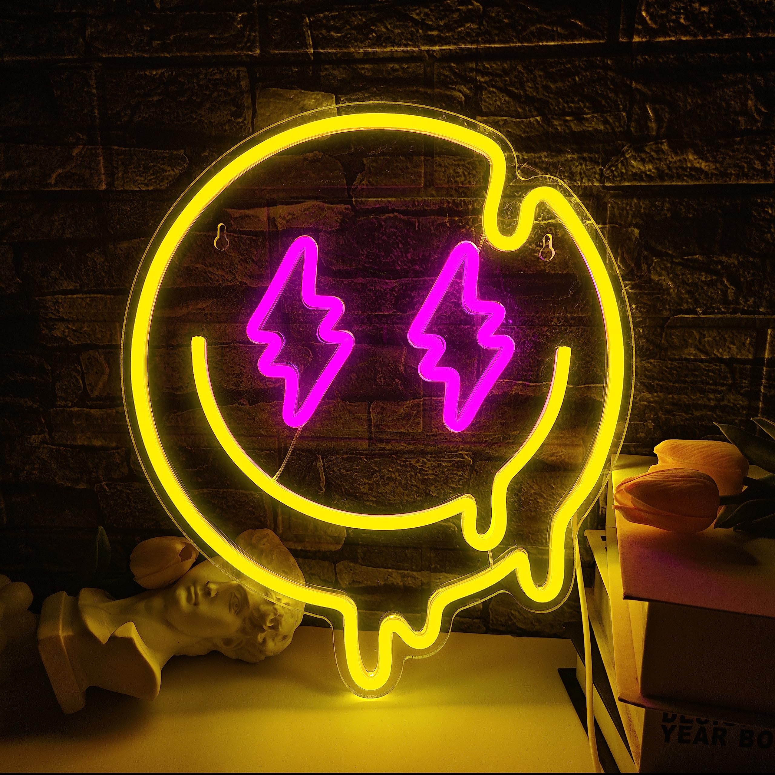 Photo 1 of JIARODEY Melting Smile Face Neon Sign Dimmable Melted Smiling Face Neon Signs for Wall Decor Neon Smile Light Signs for Kids Room Party Bedroom Wall Art Decor USB Powered Holiday Gift