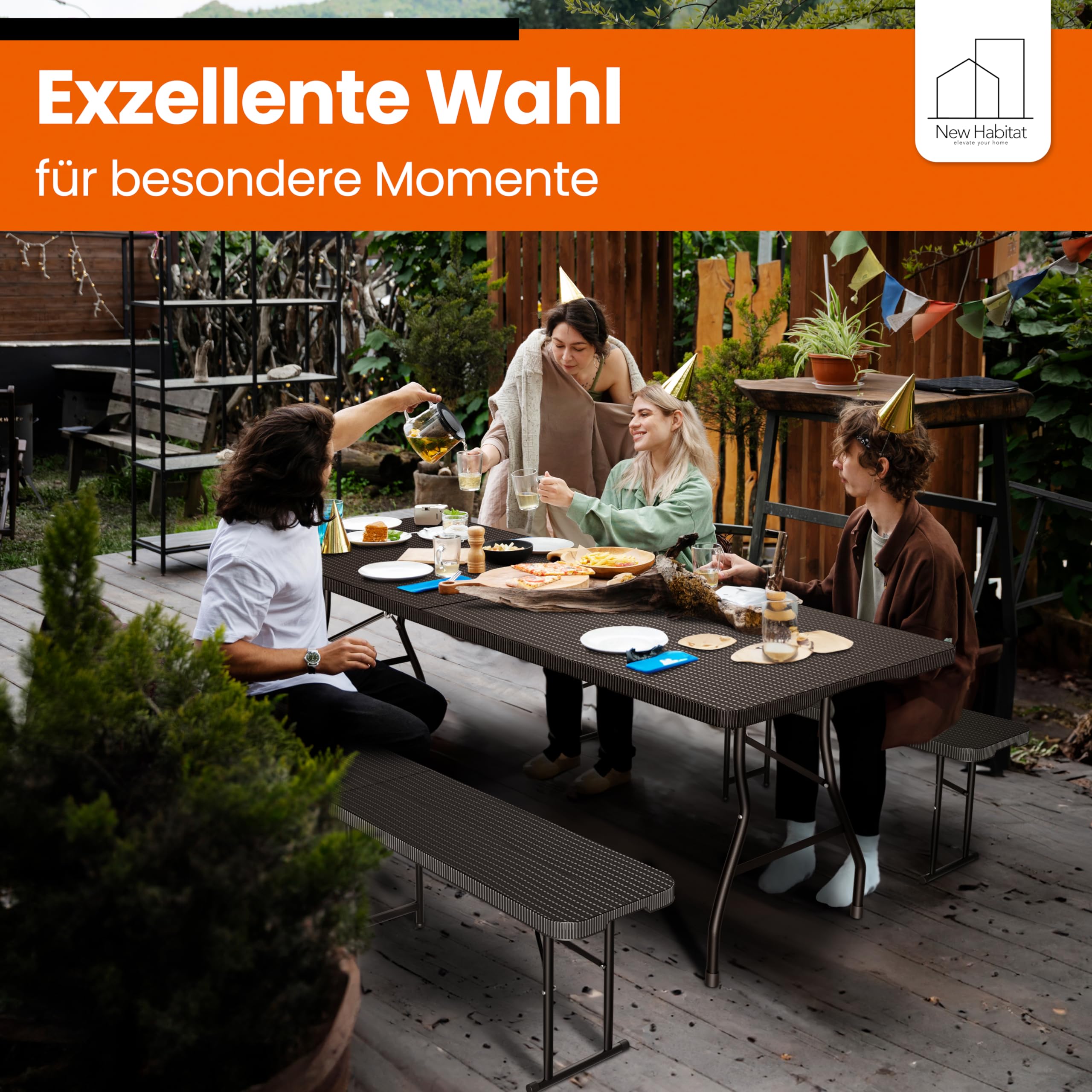 NewHabitat Kunststoff Bierzeltgarnitur Klappbar I 3er Set, Tisch + 2 x Bank mit Tragegriffe, Biertischgarnitur, Festzeltgarnitur, Bierbank klappbar, HxBxT: 75x180x75 cm (Schwarz) 8