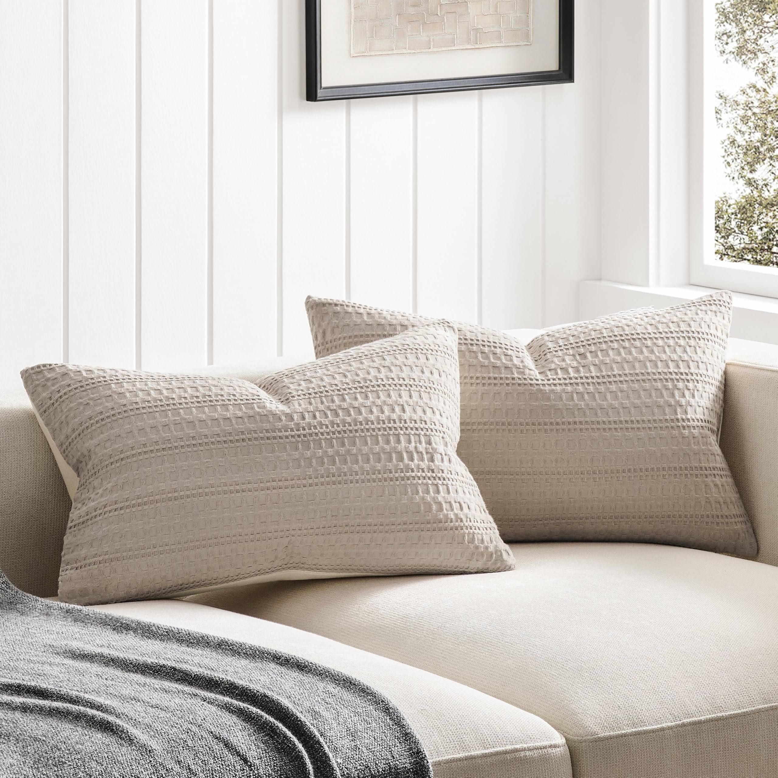Photo 1 of ZeeMart 100% Cotton Waffle Textured Lumbar Throw Pillow Covers Set of 2, 12x20 Inch Taupe, Soft Farmhouse Decorative Couch Pillow Cases Light Brown Cushion Covers for Sofa Bed Living Room Home Decor