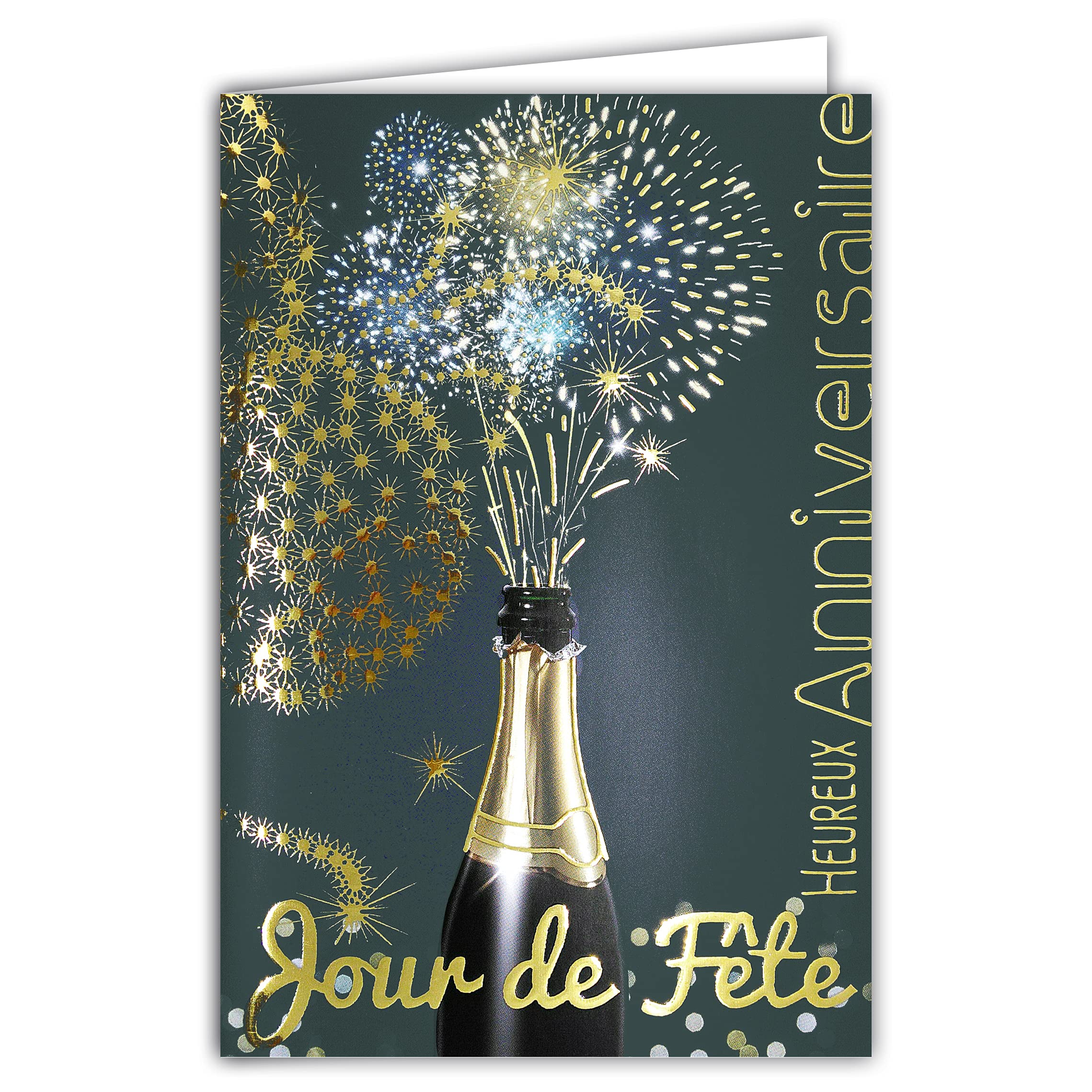 Afie Happy Birthday Card - Champagne Bottle - Sparkling White Wine - Golden Stars - Made in France