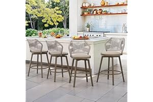 Cozyman Outdoor Bar Stools Set of 4, 360° Swivel Aluminum Rattan Barstools, Olefin Rope Counter Height Bar Stools with Curved Backrest, Boho Barstool with Circular Cushion for Patio, Kitchen, Apricot