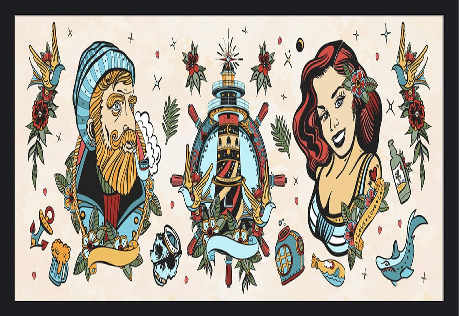 Old School Traditional Tattoo Illustration of Sea Wolf Captain, Sailor Girl, Lighthouse, Anchor, Shark & Steering Wheel 9021964 (36x13 1/8 Giclee Art Print, Gallery Framed, Black Wood)