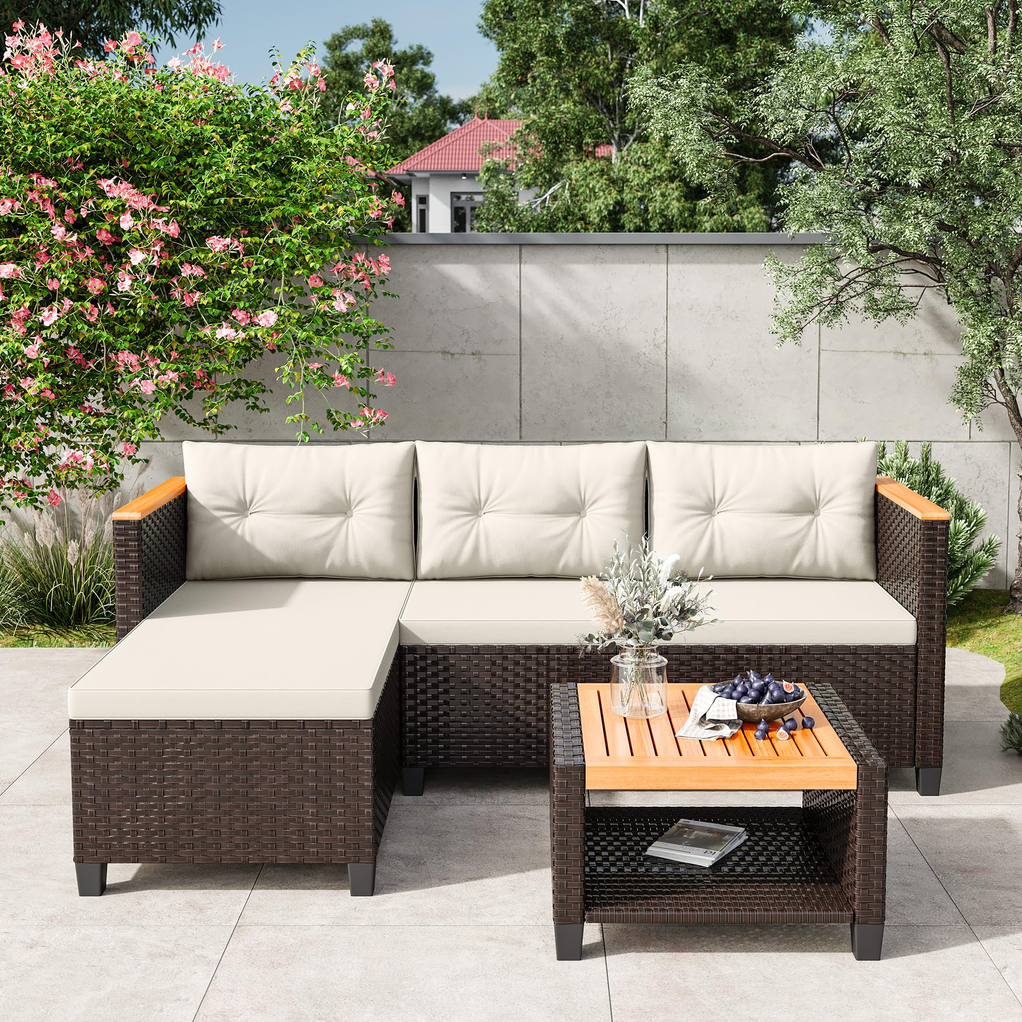 Photo 1 of Wisteria Lane Small Patio Furniture Set, All-Weather Wicker Outdoor Sectional with Cushions, L Shape Outdoor Couch with Storage Table, 3 Piece PE Rattan Patio Furniture for Balcony, Beige