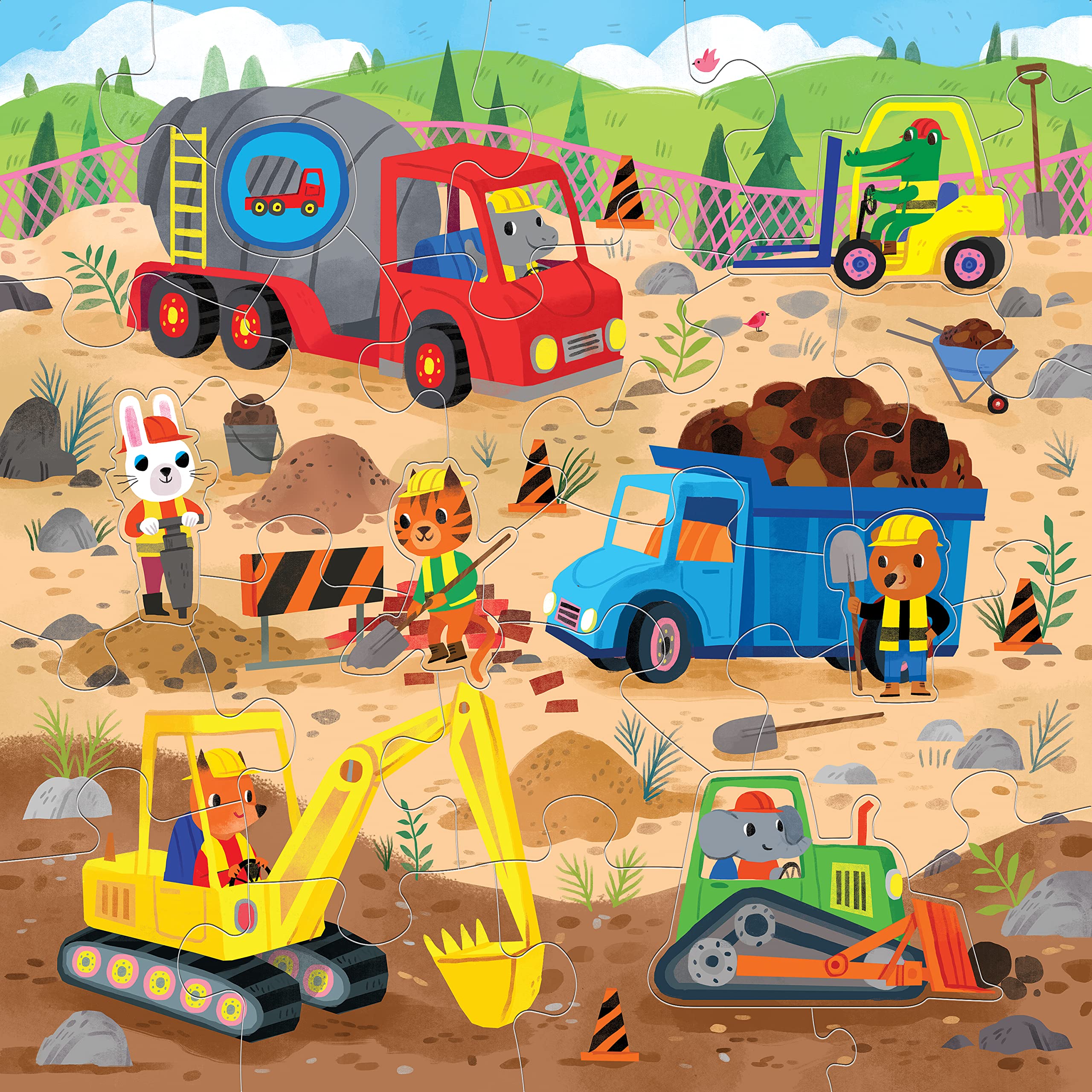 Mudpuppy’s Construction Site 25 Piece Floor Puzzle, Features 25 Colorful, Oversized Pieces, Includes 6 Special Shaped Pieces of Animal Workers, Bulldozers and More, Ages 2+, Great Gift Idea!