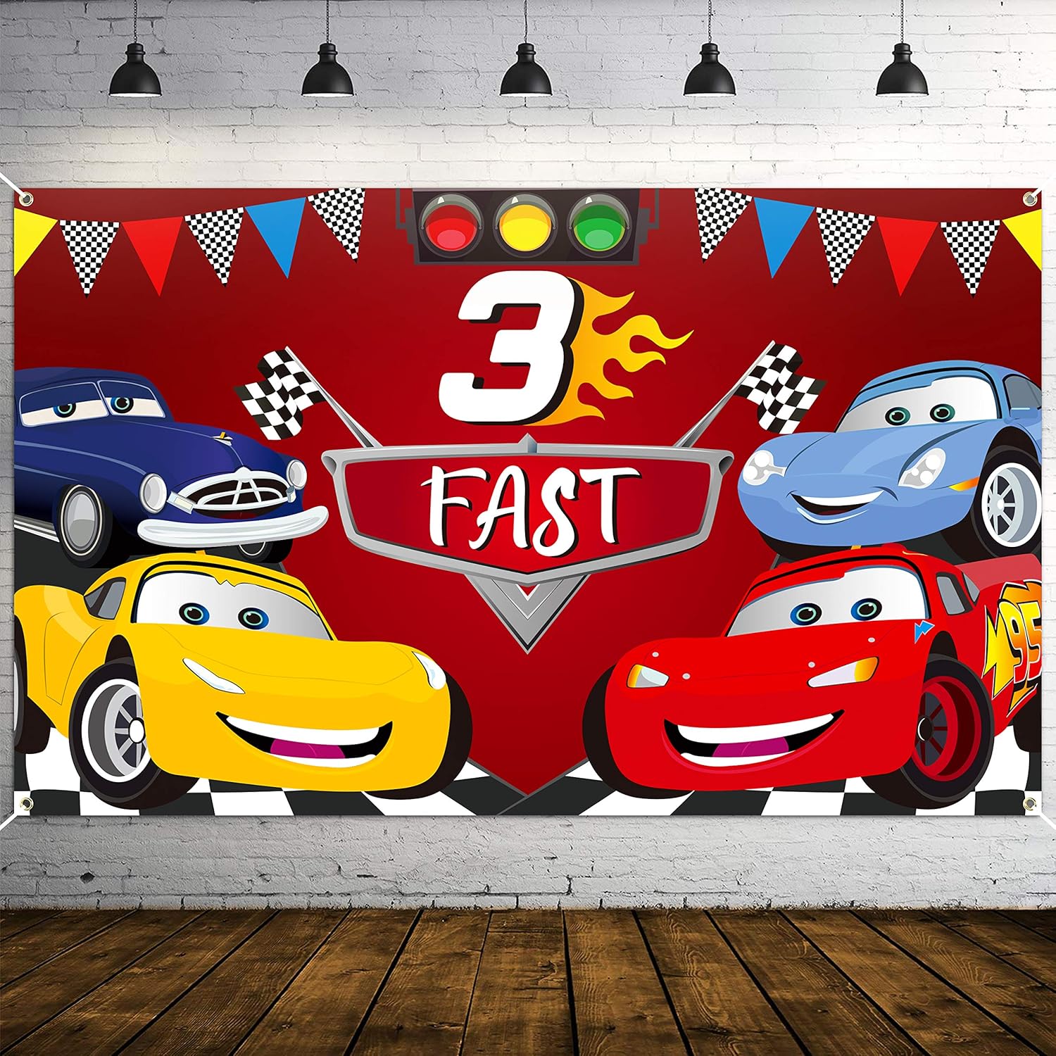 PANTIDE Race Car 3rd Birthday Party Backdrop Decoration, Three Fast Photography Background Banner, Large Poster Party Photo Props Wall Décor, Let’s Go Racing Party Supplies for Three Years Old