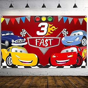 PANTIDE Race Car 3rd Birthday Party Backdrop Decoration, Three Fast Photography Background Banner, Large Poster Party Photo Props Wall Décor, Let’s Go Racing Party Supplies for Three Years Old