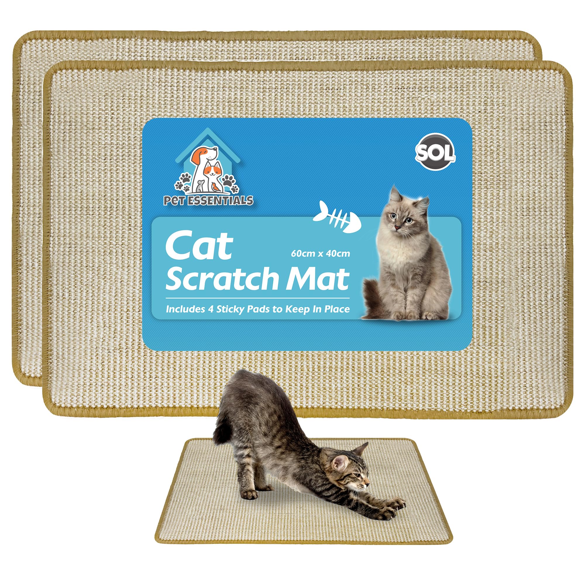 SOL 2pk Cat Scratch Mat, 60cm x 40cm Cat Scratching Mats, Durable Sisal Fabric with Anti-Slip Backing, Protects Furniture & Sofa, Encourages Healthy Scratching, Perfect for Play & Claw Maintenance