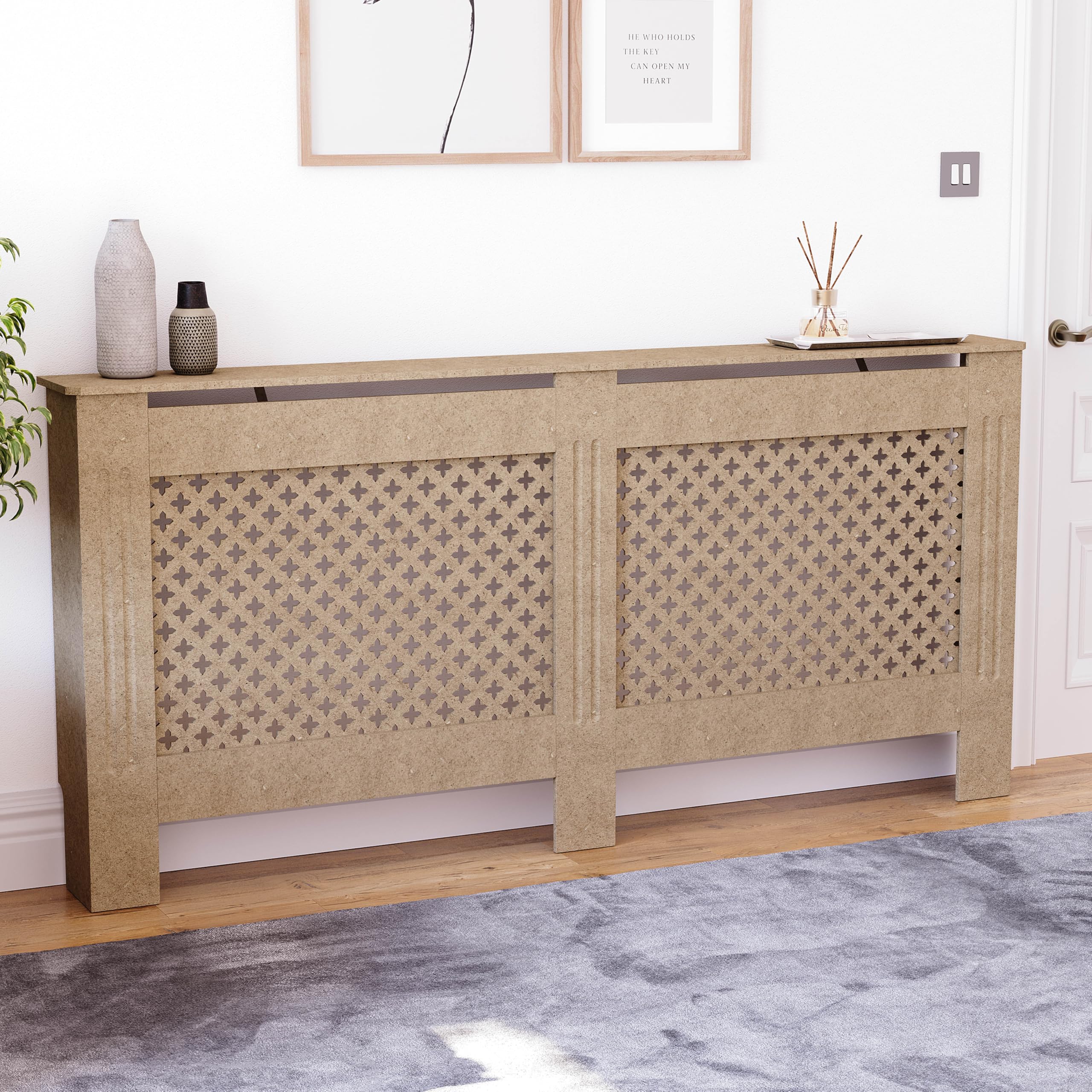 Vida Designs Oxford Radiator Cover Unfinished - Extra Large - Traditional Cross Pattern Design For Optimal Heat Circulation - H82xW172xD19cm - Unpainted MDF Cabinet Ideal For Living Room & Hallway