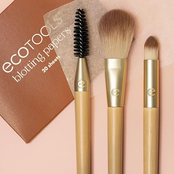 ECOTOOLS LIMITED EDITION TOUCH UPS & TINSEL FACE KIT, MAKEUP BRUSH SET FOR POWDER, CONCEALER, & BROWS, CONTROL OIL WITH BLOTTING PAPERS, ECO-FRIENDLY MAKEUP TOOLS, CRUELTY-FREE, 4 PIECE GIFT SET