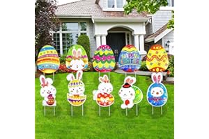 WORLDBAZAAR 10 Pcs Easter Yard Signs Stakes Waterproof Easter Decorations Outdoor Glitter Yard Decor Eggs Bunny for Garden Wall Tree Pathway Walkway