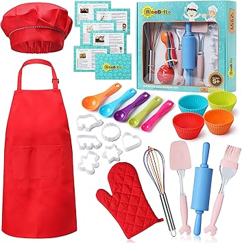 RISEBRITE Real Kids Baking Set 35 Pcs Includes Kids Apron, Chef Hat, Oven Mitt