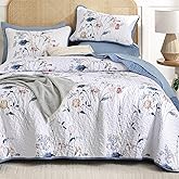 WONGS BEDDING Floral Quilt Set King Size, 3 Pieces Navy Blue Botanical Plants Pattern Bedspread Coverlet Set with 2 Pillowcases, Soft Lightweight Microfiber Bedding Set for All Season(104"×90")
