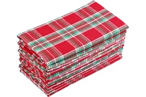 Gratico Dinner Napkins Plaid Cloth Napkins Set of 12 Red/Green/White Color Checks 100% Cotton Dinner Napkins Size 18X18 Inches Cloth Napkins Hotel Quality Dinner Napkins