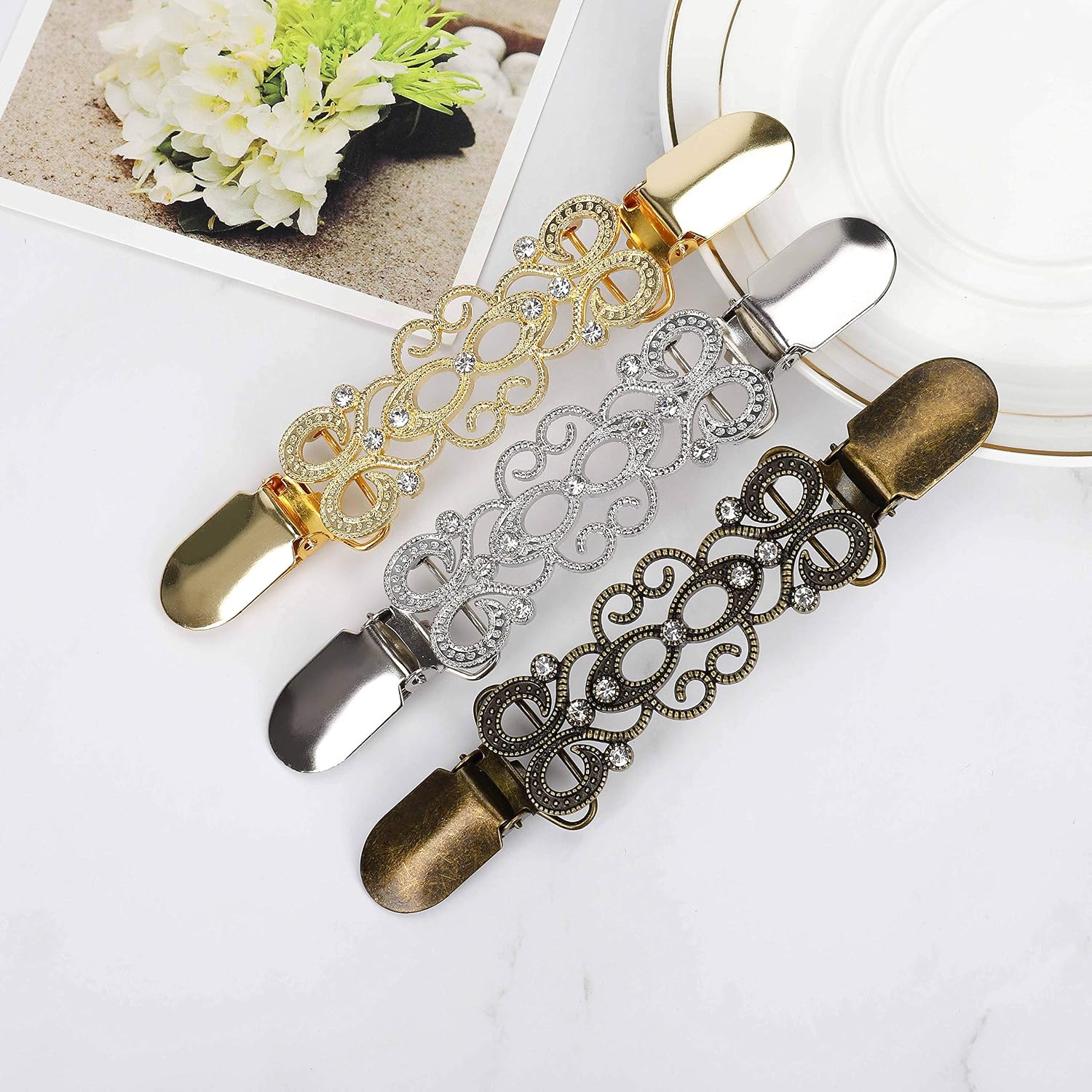 HONGXIN-SHOP Sweater Clips Alloy Crystal Cardigan Collar Connection Buckles Vintage Women Dresses Shawl Clasp 3 Pieces - Image 5
