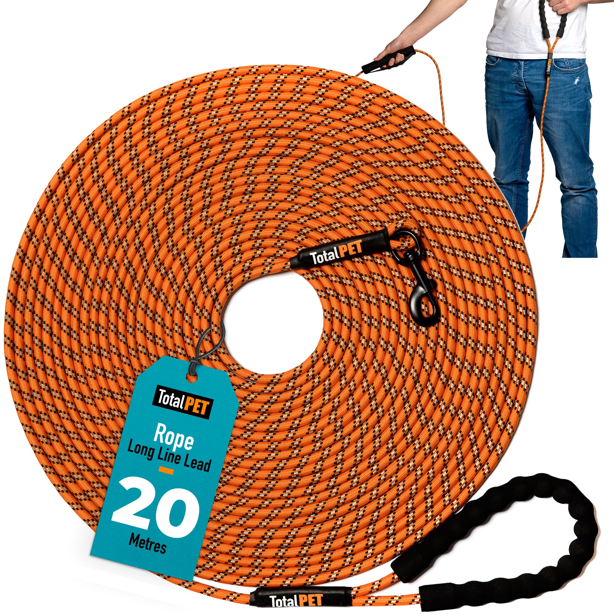 Total Pet Rope Training Lead for Dogs - Long Line Dog Lead for Training Recall & Commands at Distance W/Control Handle (20m)