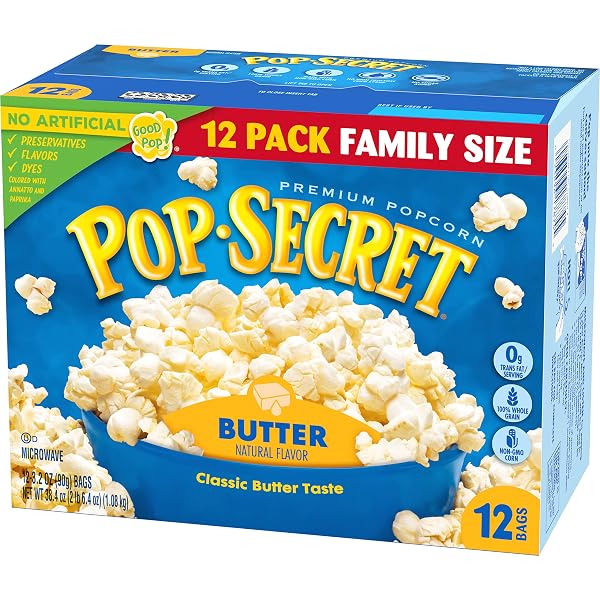 POP SECRET BUTTER MICROWAVE POPCORN 12CT (3.2OZ BAGS), 38.4OZ BOX (PACK OF 1)