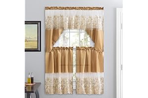 American Linen 3 Piece Sequin Embroidered Window Curtain Set – Valance and Tiers – Kitchen, Living Room, or Bathroom Curtains