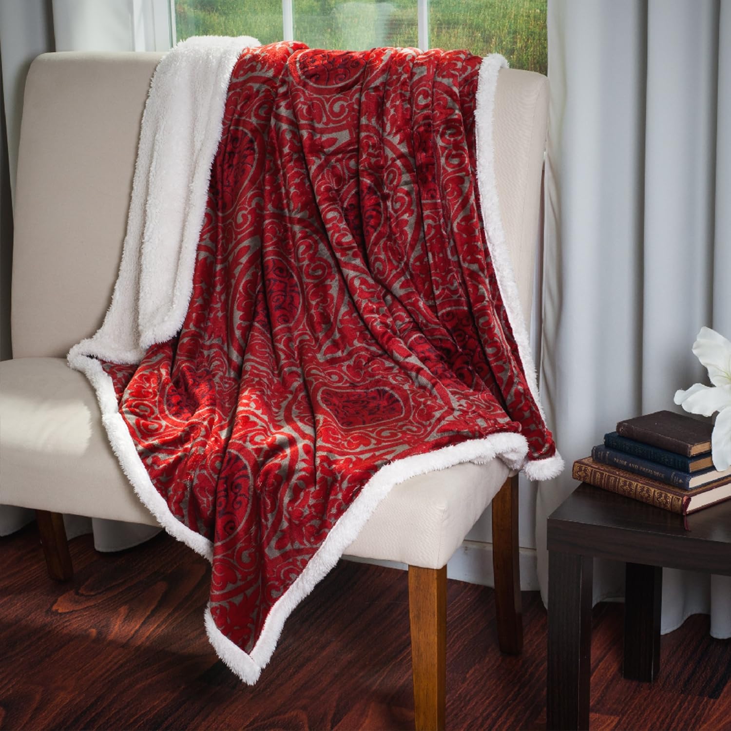 Lavish Home Printed Coral Soft Fleece Sherpa Throw Blanket Red 6100010R