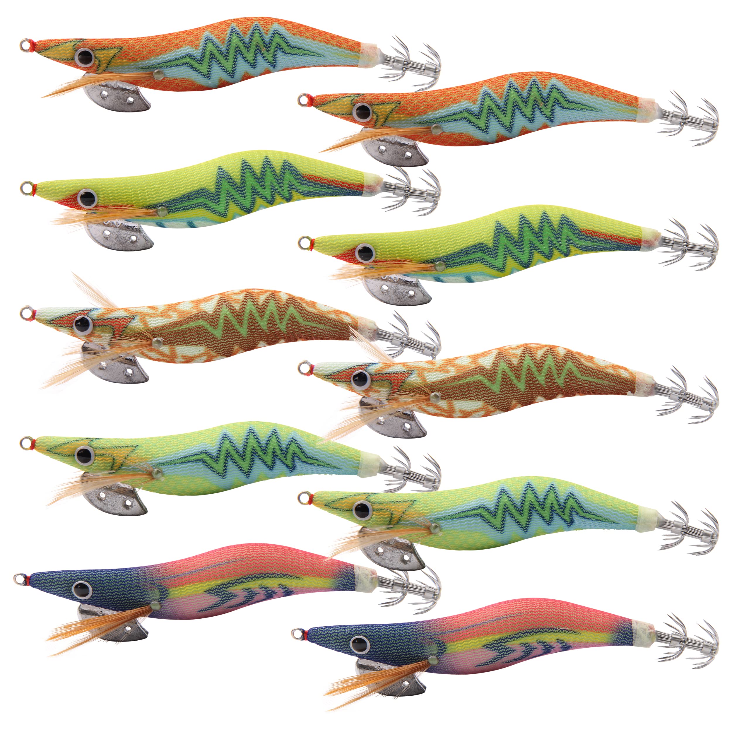 Fishing Squid Lures Kit 10pcs Luminous Squid Jig Shrimp Lure Artificial Baits Kit for Octopus Cuttlefish(2.5#-10pcs)