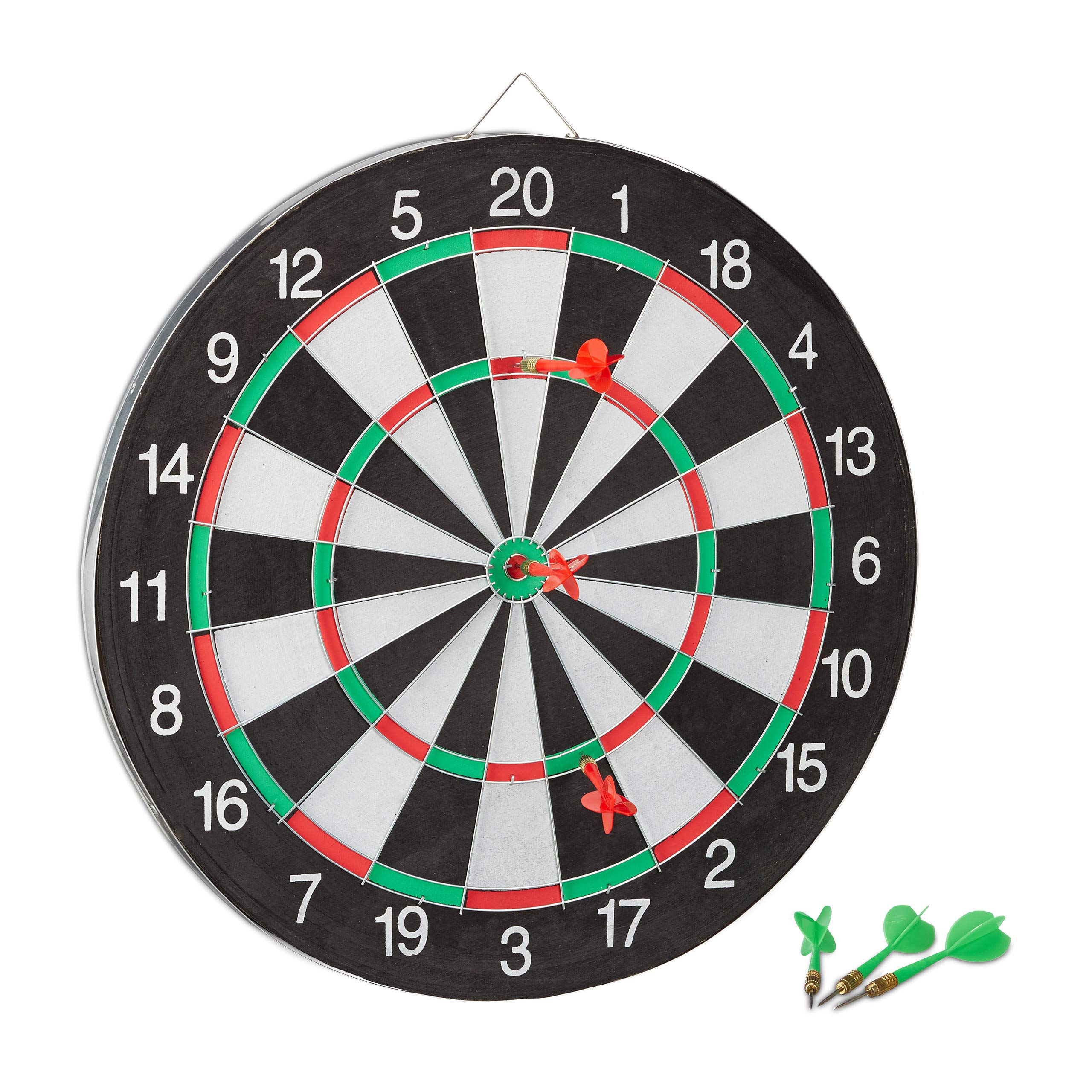 Relaxdays X2 Dartboard with Darts, 43 cm, 6 x Darts, Two-Sided, Steel Darts, Classic Dartboard, Black-White