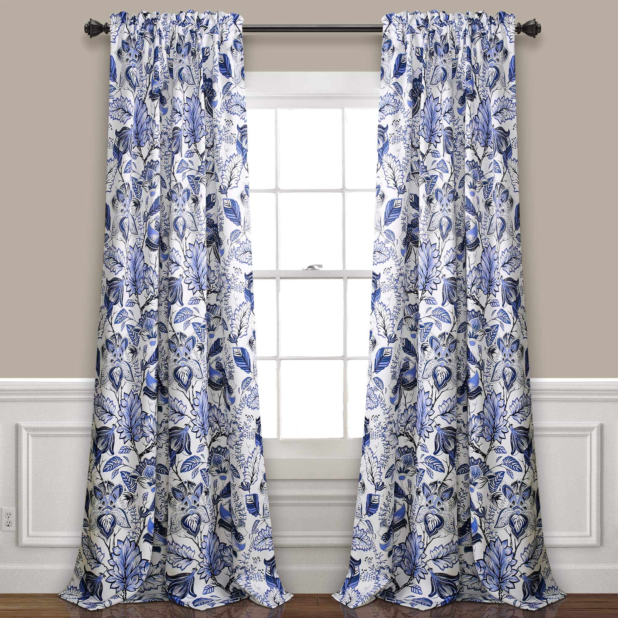 Lush Decor, Blue Cynthia Jacobean Darkening Window Curtains Panel Set for Living, Dining Room, Bedroom (Pair), 108" L
