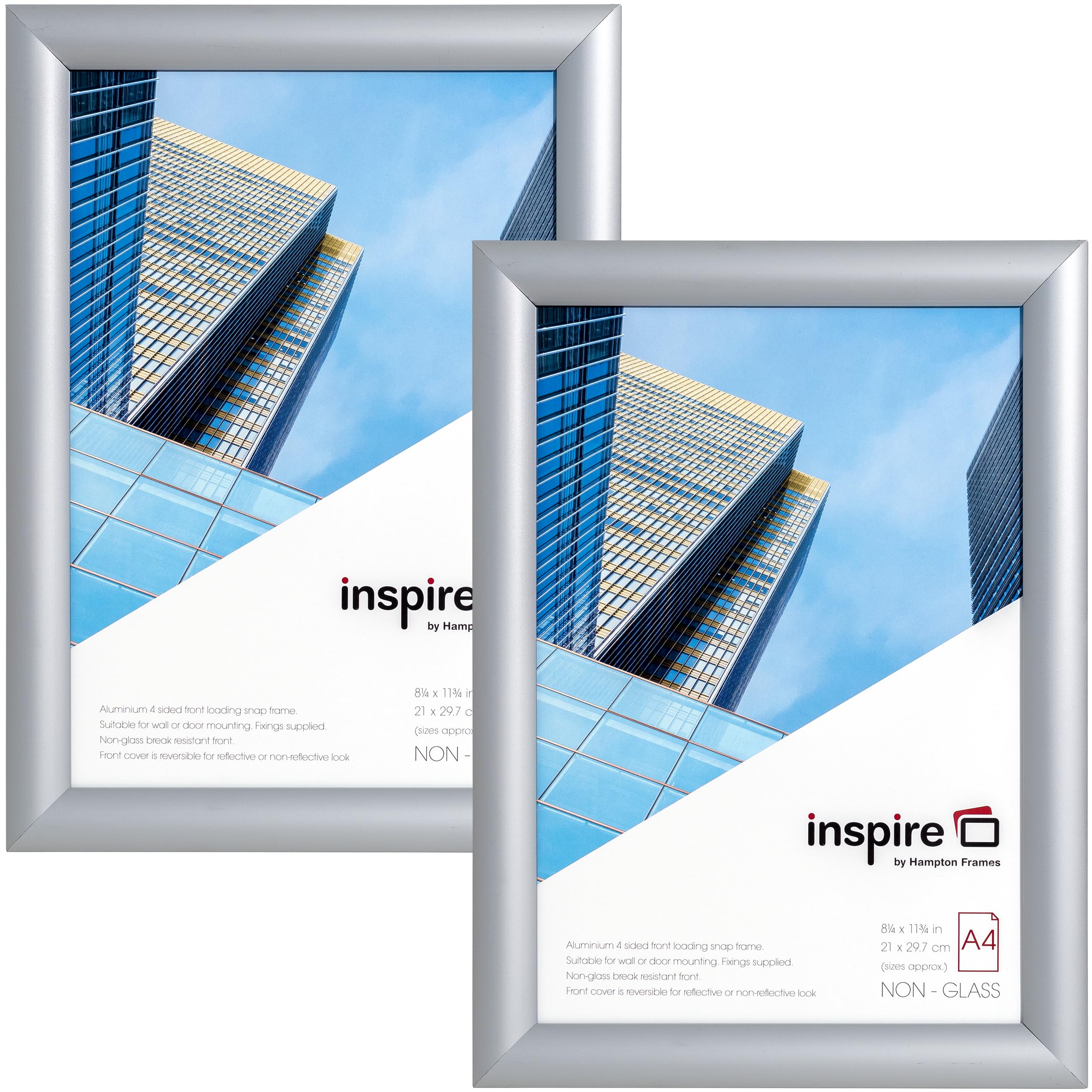 inspire by Hampton Frames | Snap Frame Pack, Model IBH-SNAPA4S-2PK | 21x30cm A4, Silver, Acrylic Front, Set of 2 | Easy Change, Wall Mountable | Display Photos or Posters