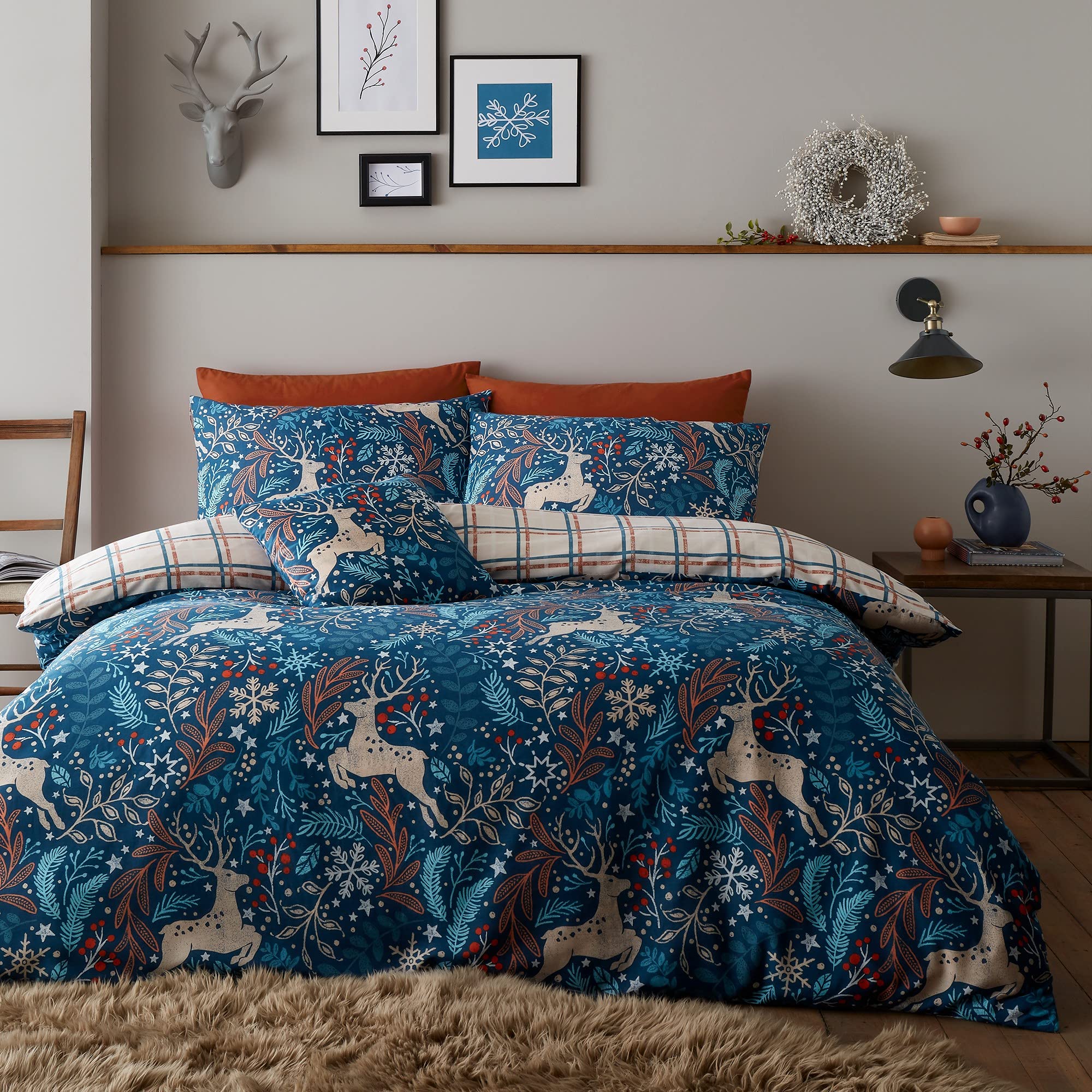 Happy Linen Company Winter Stags Blue Double Reversible Duvet Cover Bedding Set