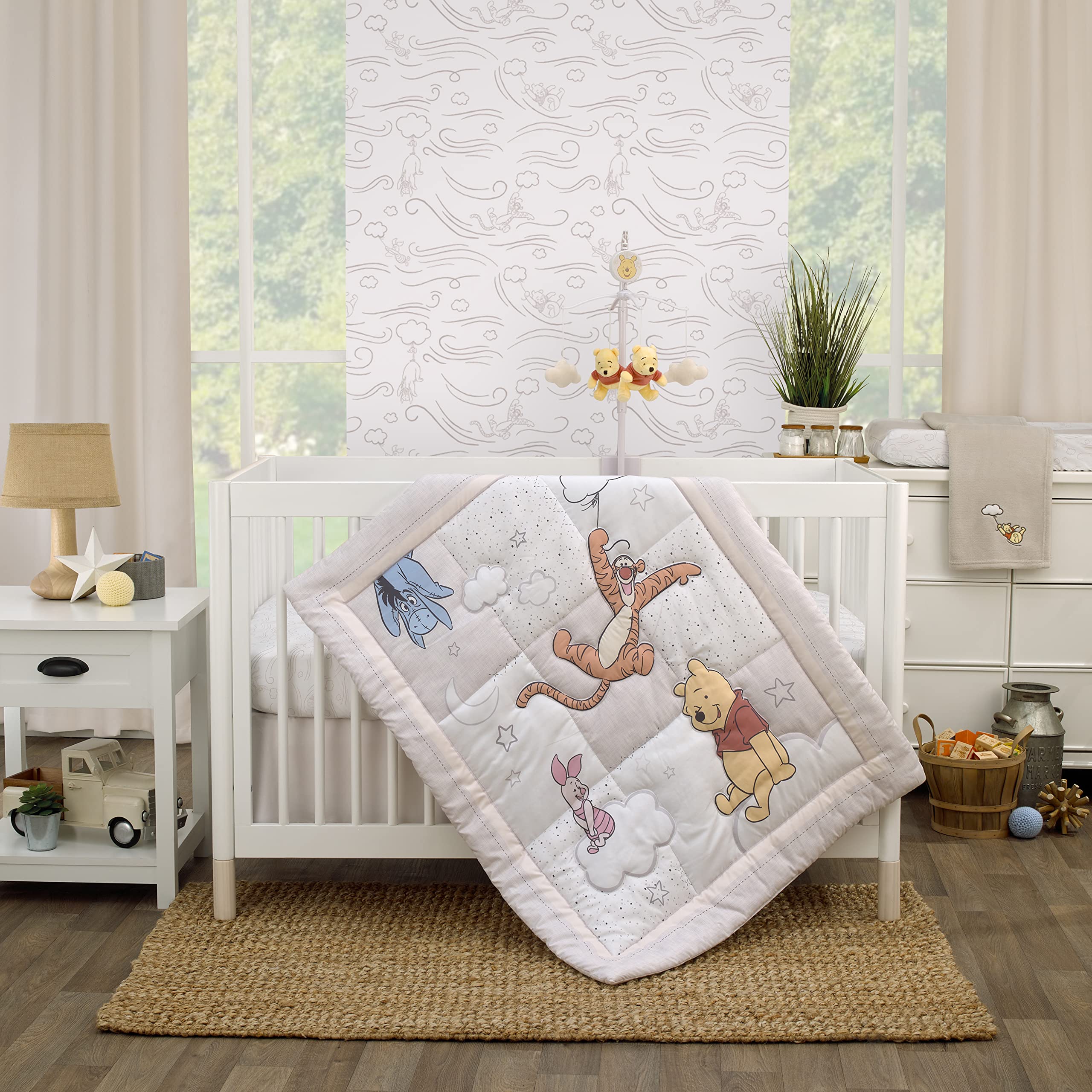 Photo 1 of Disney Winnie The Pooh - Blustery Day Grey and White Clouds with Piglet, Tigger and Eeyore 3 Piece Nursery Crib Bedding Set - Comforter, Fitted Crib Sheet and Crib Skirt