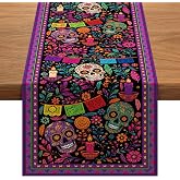 Day of the Dead Decoration, Sugar Skull Dia De Los Muertos Table Runner | 14x84” Linen Day of the Dead Decoration, Dia De Los Muertos Altar Decoration for Home Kitchen Dining, Mexican Table Decor