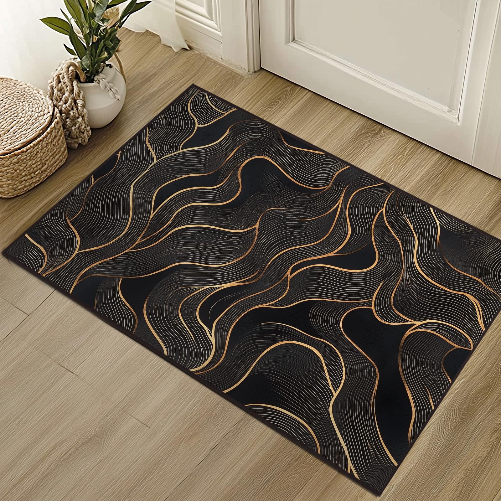 Photo 1 of 2x3 Area Rug Black Gold Modern Rug for Bathroom Indoor Mat Machine Washable Abstract Rugs for Bedroom Ultra Soft Dining Room Carpet Non-Slip Non-Shedding Throw Rug for Home Office