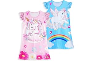 LQSZ 2Pcs Girls Nightgowns 3-10 Years Flutter Short Sleeves Dress Nightdress Sleepwear Pajamas Nightgowns for Girls