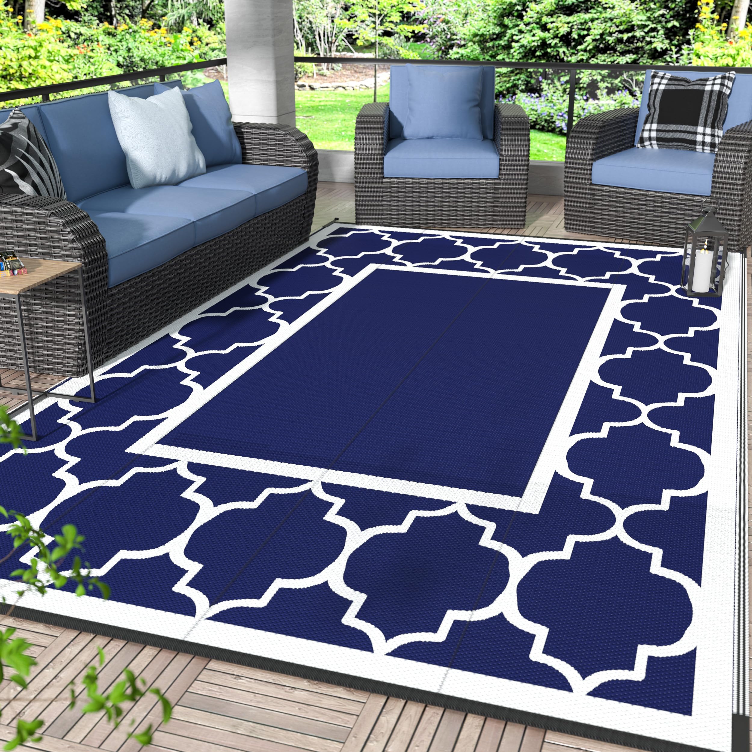 Photo 1 of GENIMO 6' x 9' Outdoor Rug Waterproof for Patio Fall Decor, Foldable Reversible Plastic Straw Area Rugs Mat for Camper, Outside Carpet for Rv, Deck, Porch, Picnic, Beach, Balcony, Blue & Grey