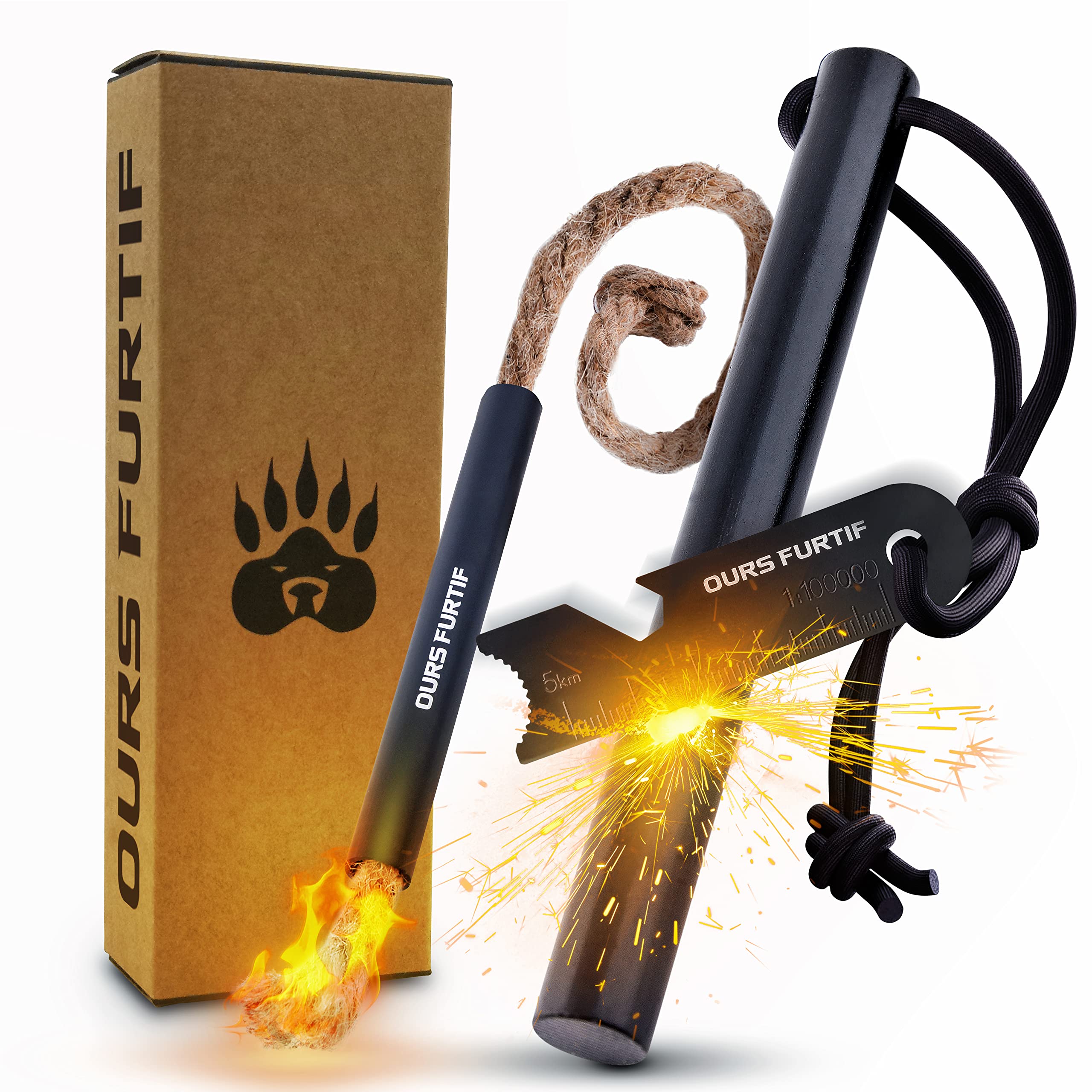 Survival Flint and Steel - Fire Starter Ferrocerium XXL 12mm - Light More Than 20,000 Fires Ferro Rod - Tinder included + Paracord + Pouch - Firestarter Survival Kit for Camping, Bushcraft