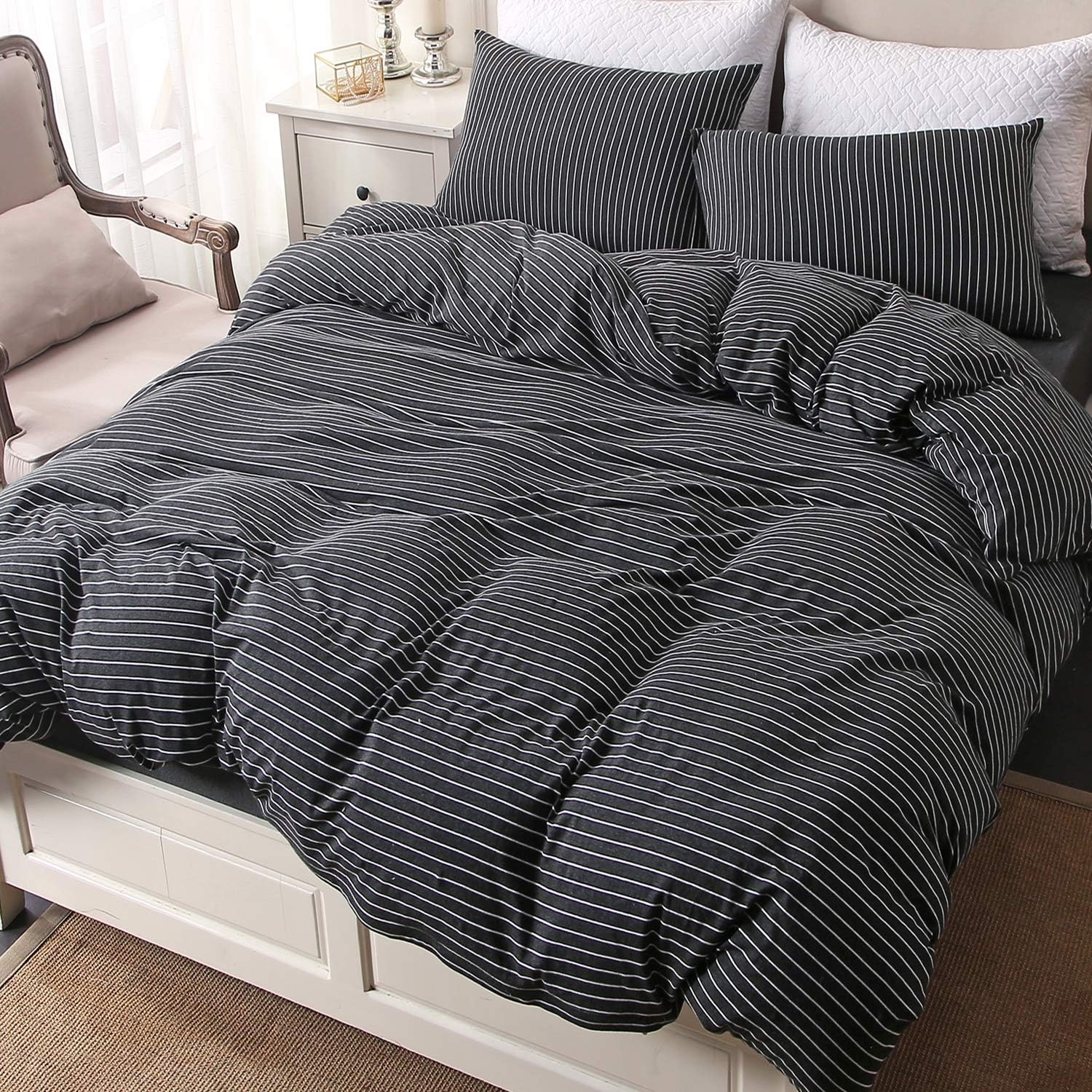 PURE ERA Striped Cotton Jersey Knit Duvet Cover Set Ultra Soft Comfy Zippered Luxury Bedding Sets with Corner Ties - Black White Queen