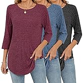 Riyiper 3 Pack Women's 3/4 Sleeve Crew Neck Tunic Tops, Raglan Sleeve Ribbed Curved Hem Side Split T-Shirts Loose Pullovers