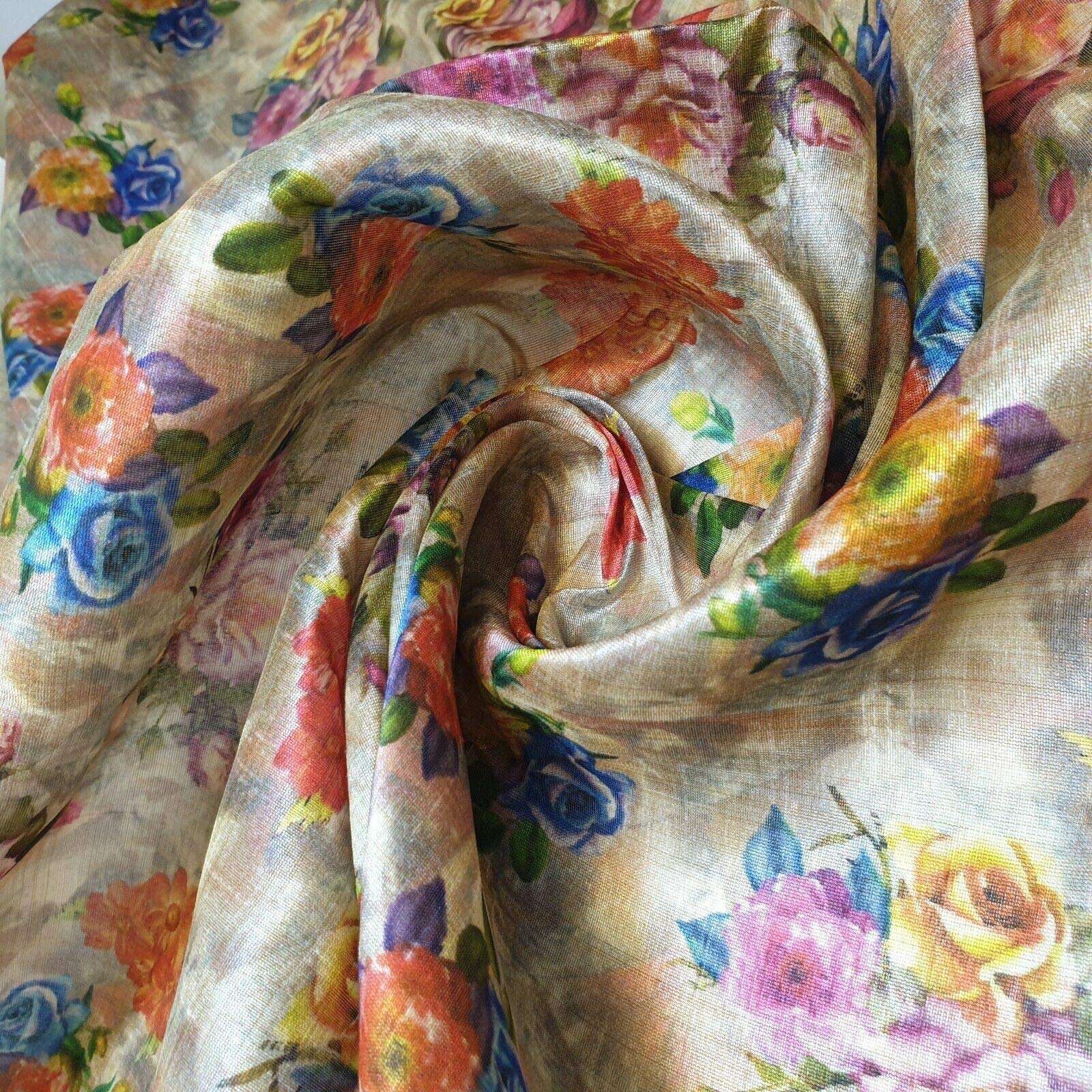 Polyester Faux Raw Silk Floral Rose Print Dress Craft Fabric 44" (Pre Cut 1 Meter) Print 3 — image 1