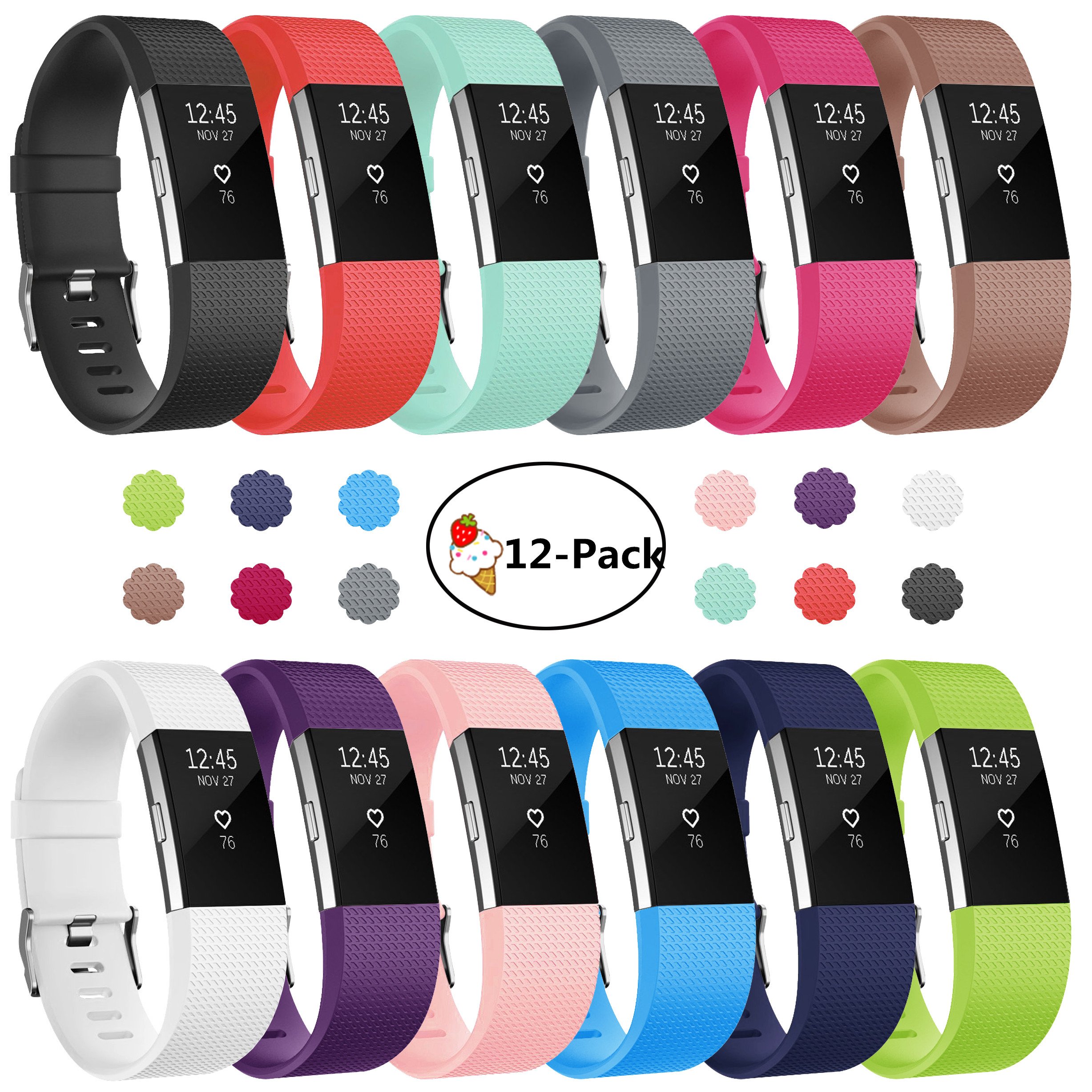 For Fitbit Charge 2 Bands, 12-Pack Soft Accessory Replacement Wristband Strap Large Small Band Available in Varied Colors with Secure Metal Clasp for Fitbit Charge 2
