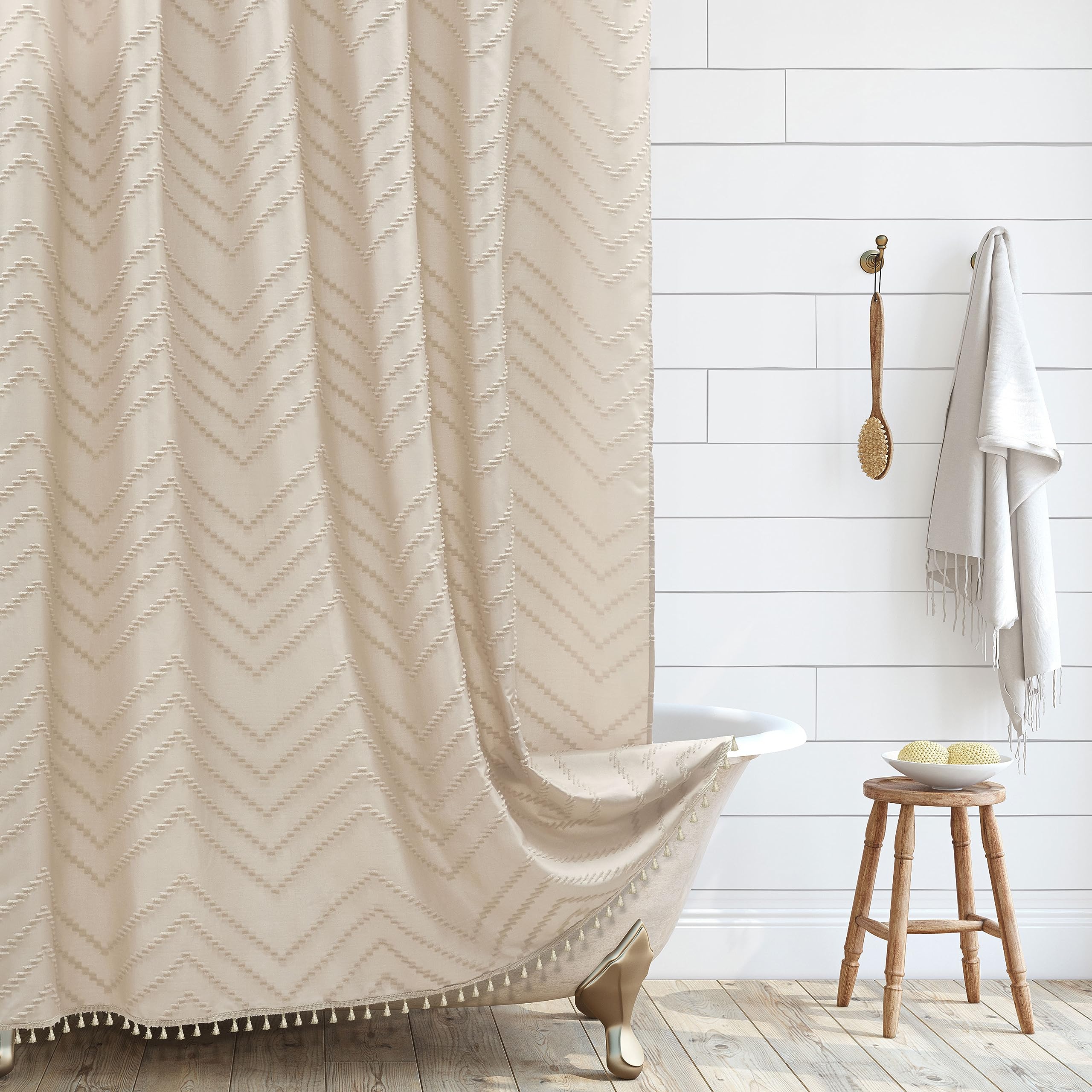 Photo 1 of Extra Long Farmhouse Boho Chevron Shower Curtain, Woven Fabric 96 in Beige Shower Curtain, 72 x 96, Tufted Striped, Modern Chic Textured Shower Curtain Set Minimalist Bathroom Decor