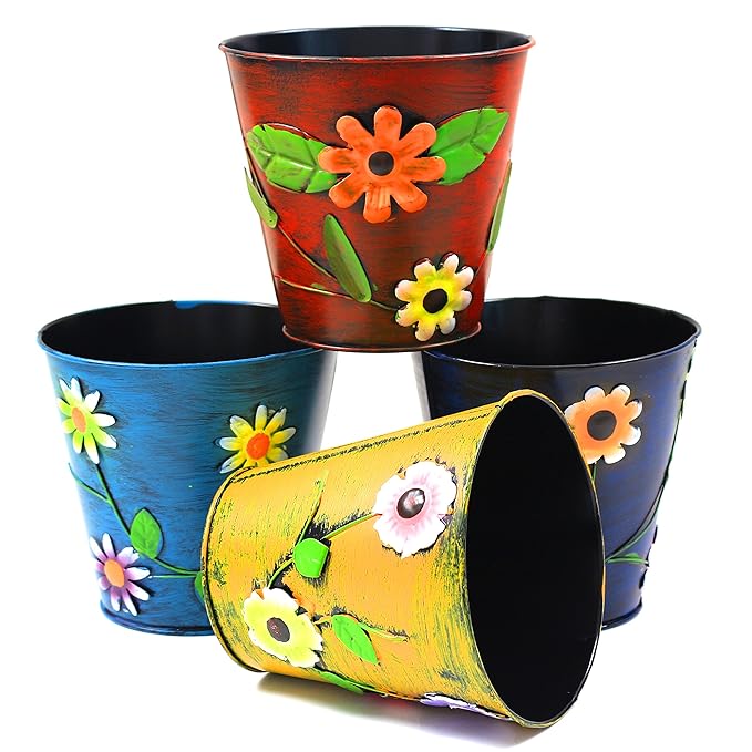 4 x Metal Painted Flower Garden Patio Planter Pots Amazon.co.uk