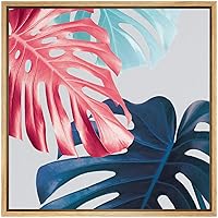 SIGNWIN Framed Canvas Wall Art Large Red, Blue and Teal Monstera Deliciosa Leaves Botanical Plants Digital Art Modern Art Tropical Closeup Colorful for Living Room, Bedroom, Office - 16x16 inches