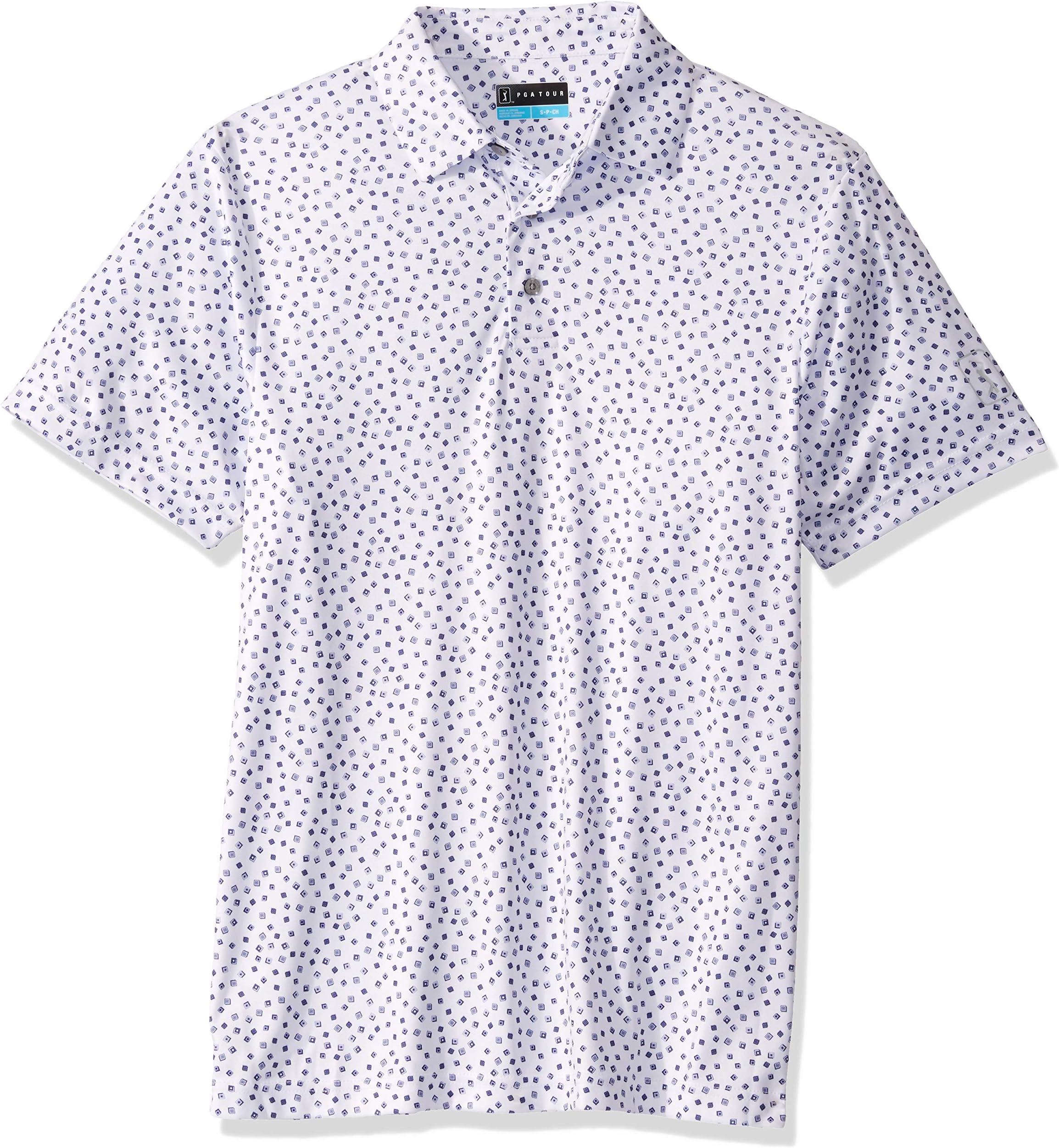 PGA TOUR Men's Short Sleeve Mini All Over Printed Polo Shirt, Cube Bright White, XXL