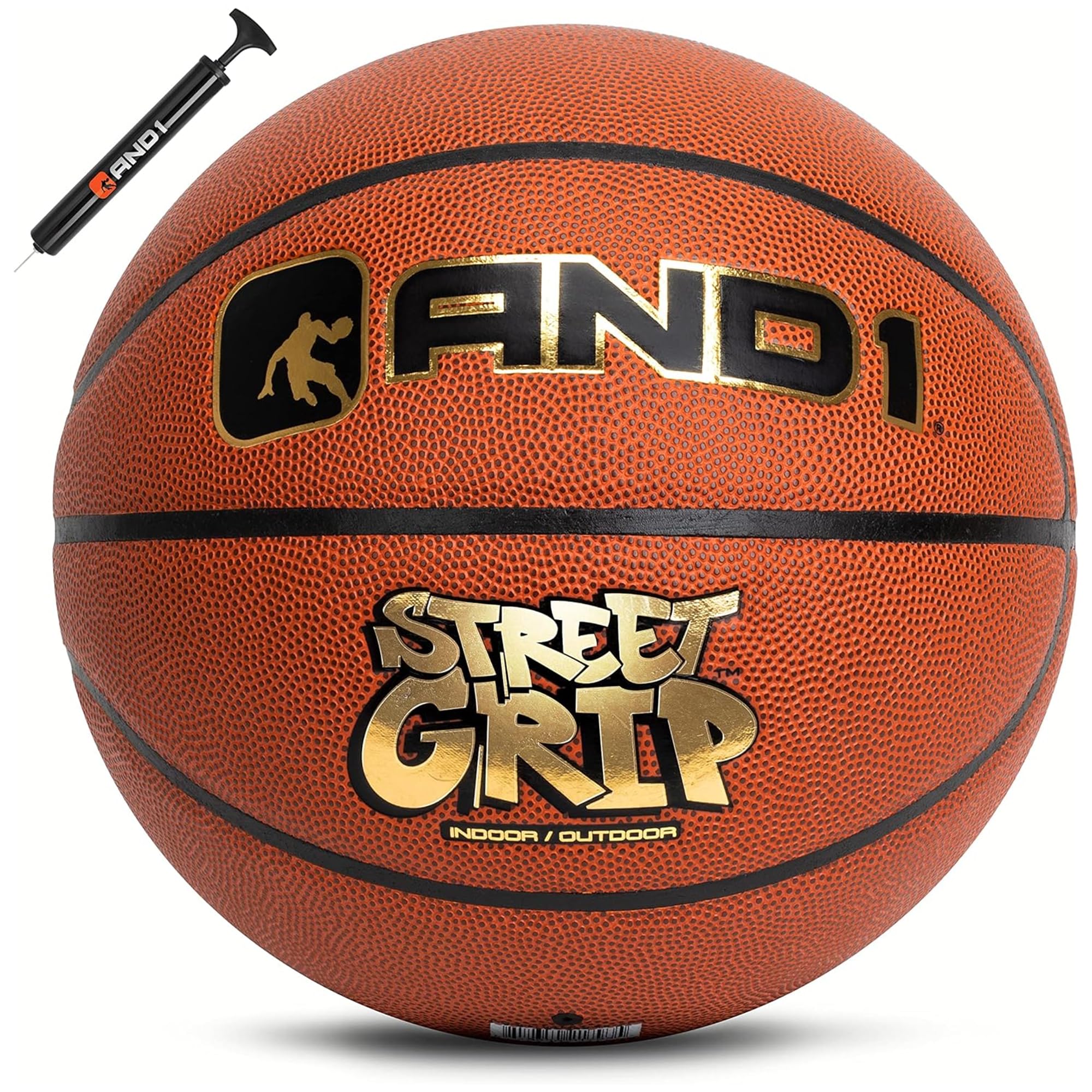 Photo 1 of (NEED PUMPED) AND1 Street Grip Premium Composite Leather Basketball & Pump- Official Size 7 (29.5”) Streetball, Made for Indoor and Outdoor Basketball Games (Orange)