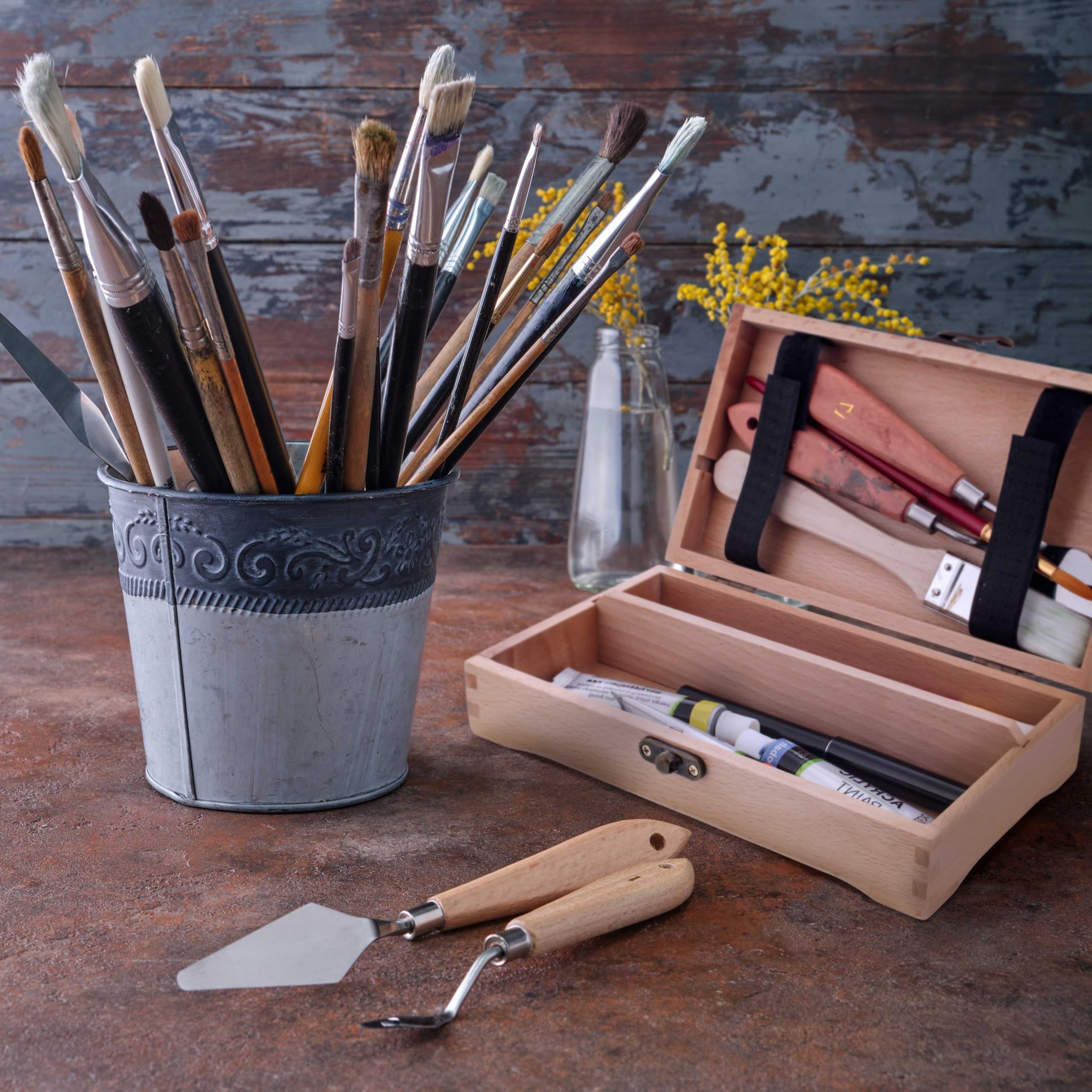 U.S. Art Supply Multi-Function Artist Supply Box with Locking Clasps - Wooden Art Box for Artist Supplies, Brushes, Pencils, Erasers, Tool Storage Organizer Case to Protect and Transport