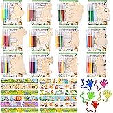 SunQiva Jungle Animal Safari Party Favors for Kids - 12PCS Wooden DIY Wild Animal Theme Craft Kit with Markers, Slap Bracelets, Word Search - Zoo Safari Birthday Party Supplies & Gifts.
