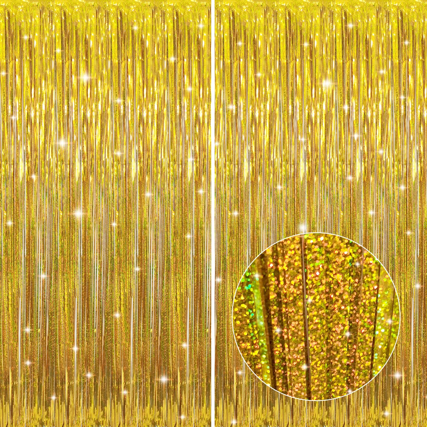 Photo 1 of GOER 6.4 ft x 8.2 ft Metallic Tinsel Foil Fringe Curtains,Pack of 2 Party Streamer Backdrop for Birthday,Graduation Decorations and New Year Eve (Shiny Gold)